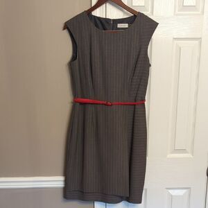 Calvin Klein Charcoal Pinstripe Dress with Scarlet Belt Work Conference Academia